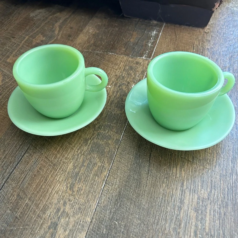 Vtg Fire-King Jadeite Oven Ware C Handle Coffee Cup Saucer Set Heavy Duty Rare